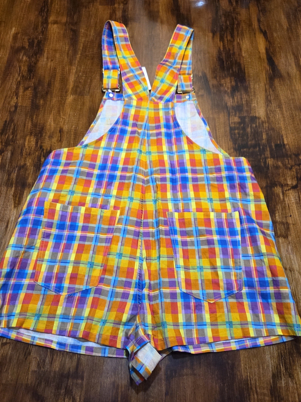 We Wore What Women's M Rainbow Overalls Short Romper Colorful Plaid Bold New - Picture 6 of 7